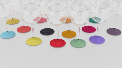 Glitter color-base wine glasses isolated on white, 3D