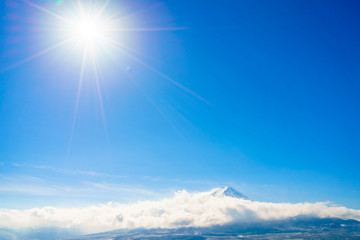 Mountain Fuji with blue sky and sun, Japan