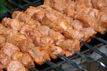 Shashlik on skewers closeup, raw and cooked