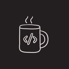 Cup of coffee with code sign sketch icon.