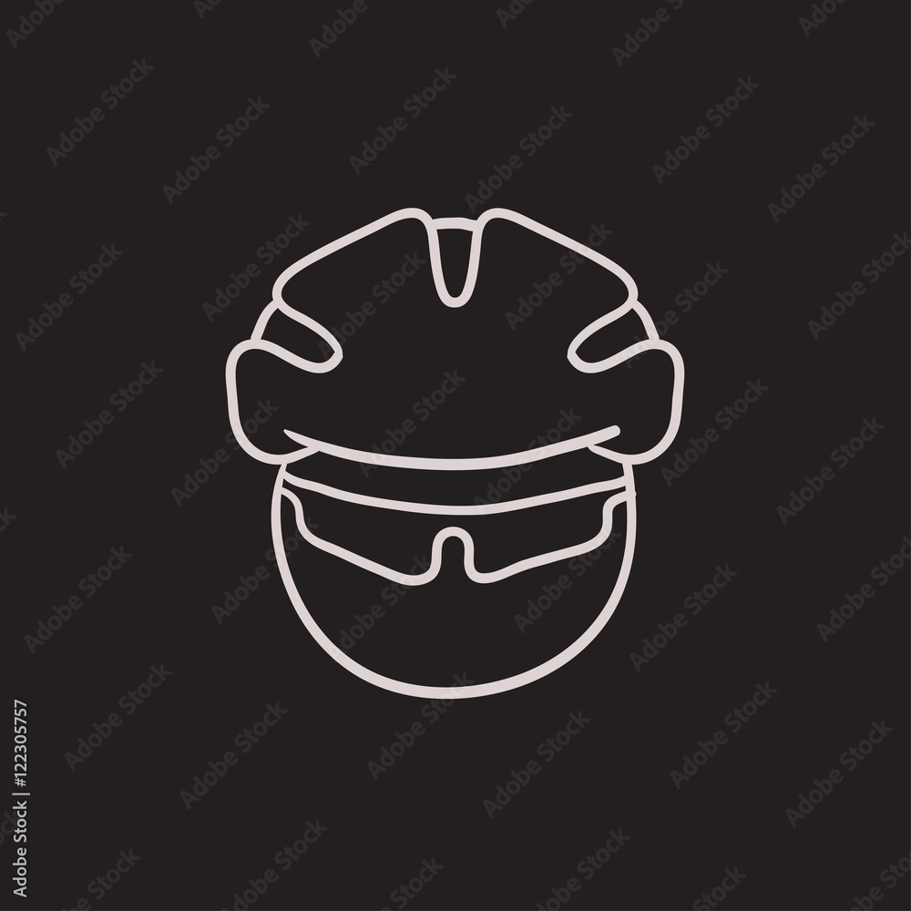 Sticker Man in bicycle helmet and glasses sketch icon.