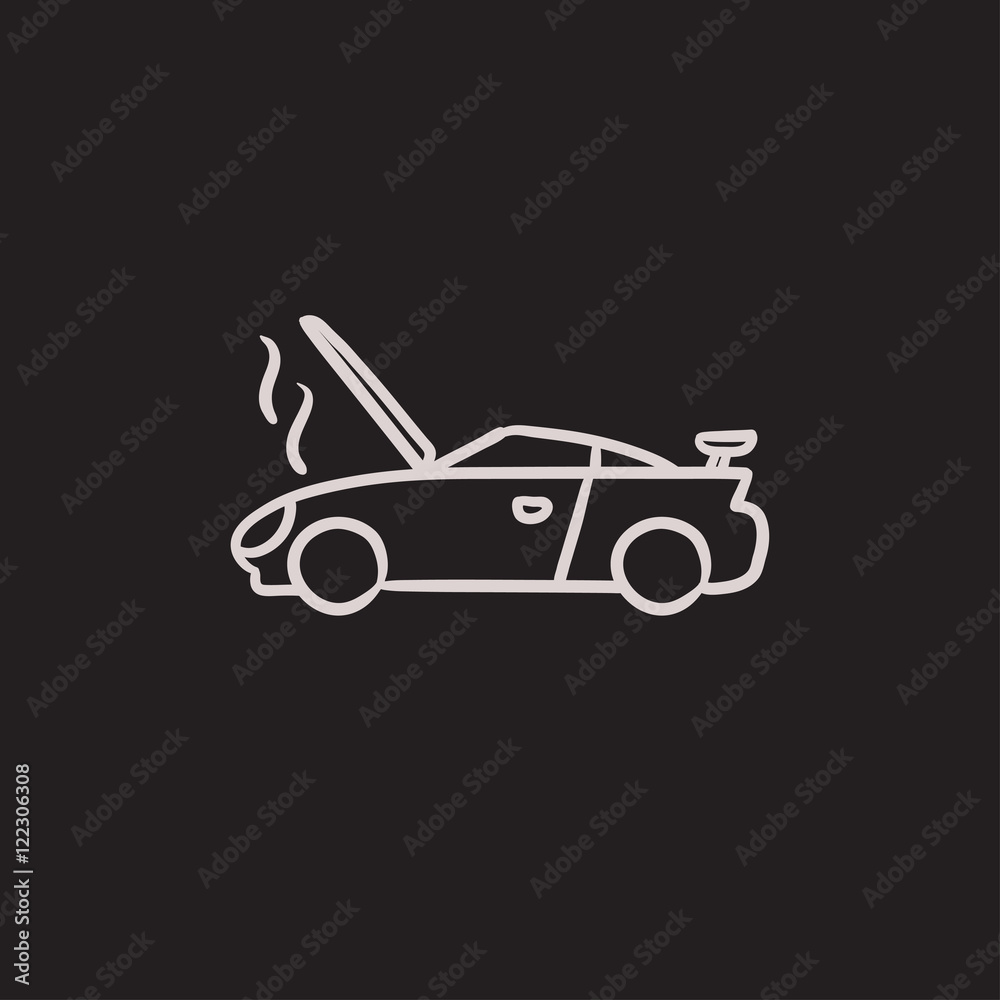 Poster broken car with open hood sketch icon.