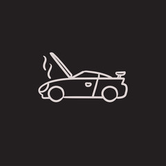 Broken car with open hood sketch icon.