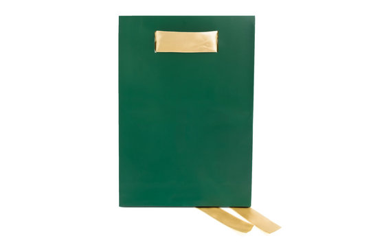 Isolated Green Paper Bag With Gold Ribbon