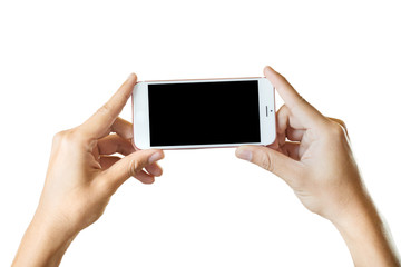 hand holding white  smartphone with blank screen in white backgr