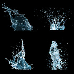 Vibrant Blue Water Splash Set on Black Background.