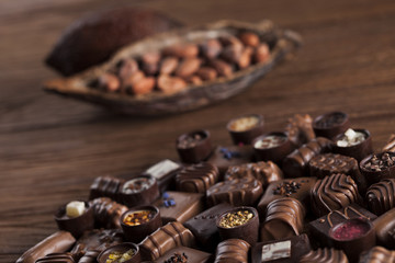 Praline Chocolate on wooden backgroud
