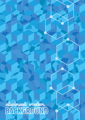 Abstract background. Blue isometric cubes with patterns. Vector hexagon structure. Futuristic science illustration. Size A4.