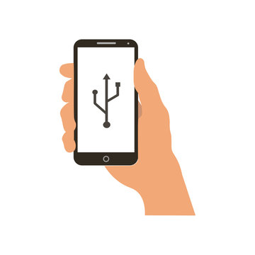 Hand Holding Smartphone On Screen USB Icon Vector