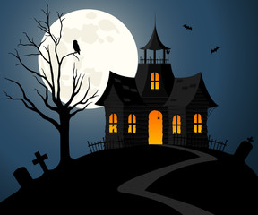 Obraz premium Vector illustration of a spooky house on a dark hill against a nighttime sky background.