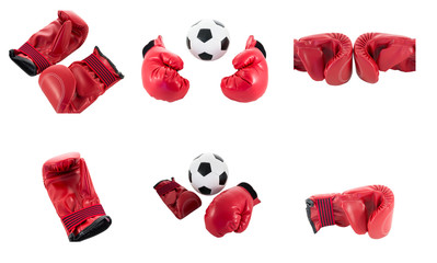 soccer ball with red boxing glove isolated on white background