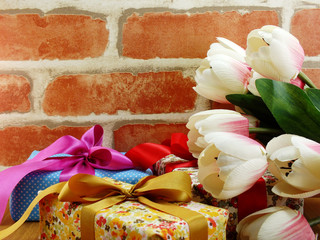 present gift box and flowers artificial bouquet