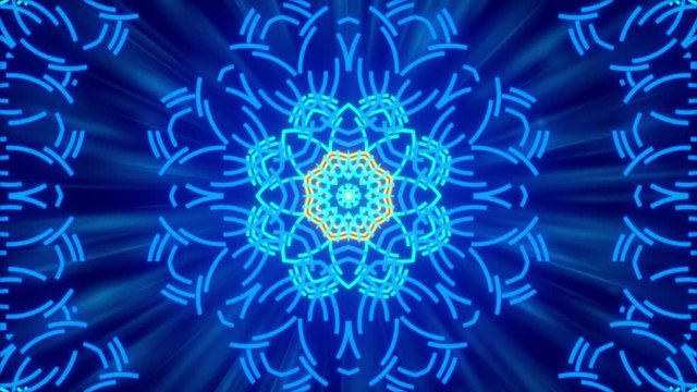 blue abstract background, kaleidoscope shapes and rays light, loop