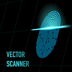 Vector illustration. Fingerprint scanner, blue color, 3d perspective with mesh. Hacker, security, data concept.