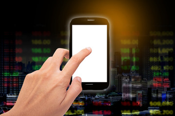 Hand touch screen on smartphone with pointing business chart scr
