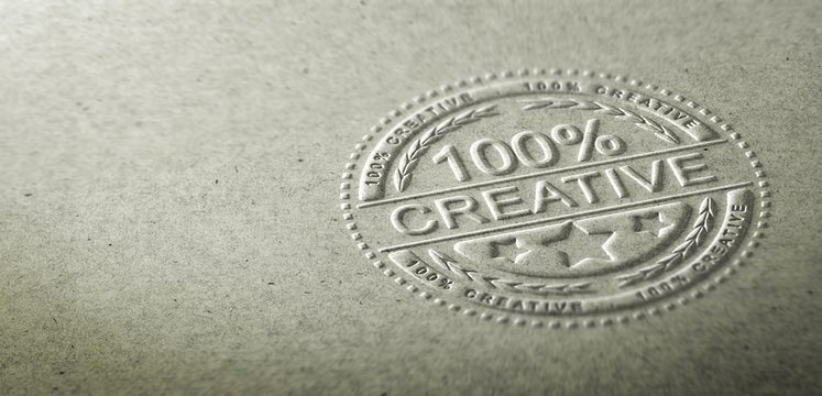 3D illustration of an embossed stamp with the text 100 percent creative. Background for communication on creativity and innovation in graphic design