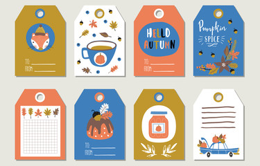 Set of Autumn cartoon elements. Gift tags. Pumpkin, harvest, fox, flowers, leaves, lettering and other elements.