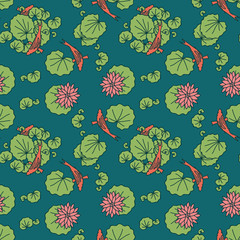 Pattern. Red fish in the pond with lotuses.