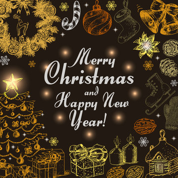 Vector background with an inscription in the center of Christmas items and circle
