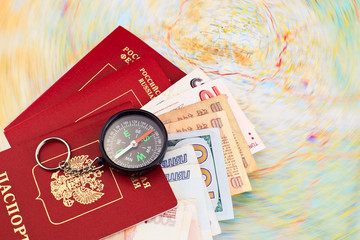 Passports of Russian Federation with map and compass. Concept of planning new journey