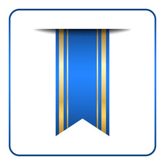 Blue and gold bookmark banner. Vertical book mark, isolated on white background. Color tag, label. Flag symbol, sign. Design element blank. Empty sticker for sale. Template icon. Vector illustration