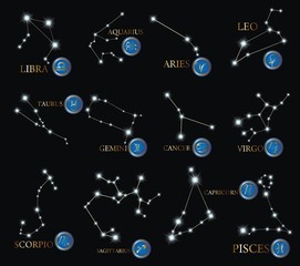 Zodiac Design. Horoscope set: Leo, Virgo, Scorpio, Libra, Aquarius, Sagitarius, Pisces, Capricorn, Taurus, Aries, Gemini, Cancer. Vector illustration
