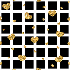 Golden hearts stripes seamless pattern. Gold glitter and black template. Abstract texture. Retro Valentine day design for card, wallpaper, wrapping, textile, fabric etc. Vector Illustration