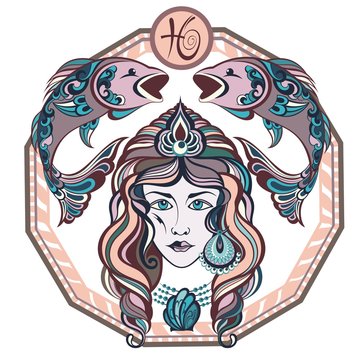 Zodiac signs Pisces. Vector illustration of the girl