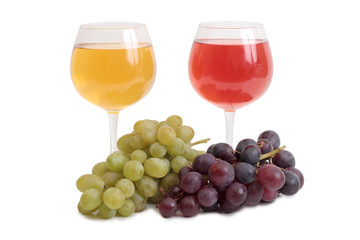 Bottle glass of wine and grapes on white background