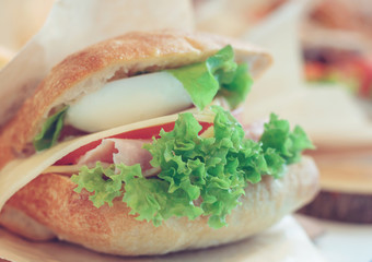 Close-up of sandwich with cheese, egg, ham, lettuce and mayonnaise