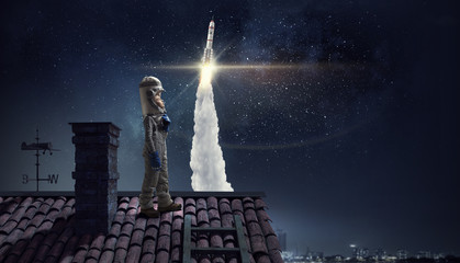 I will become astronaut and fly to space . Mixed media