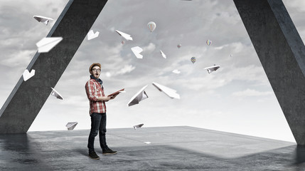 Hipster guy with book . Mixed media