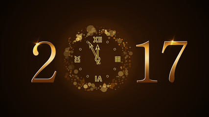 Happy New Year background with magic gold clock countdown. Golden numbers 2017. Christmas night design light and glitter. Symbol of wish, celebration. Luxury greeting decoration. Vector illustration