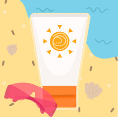 sunscreen cream sea glasses seashell sand and ocean  vector illu