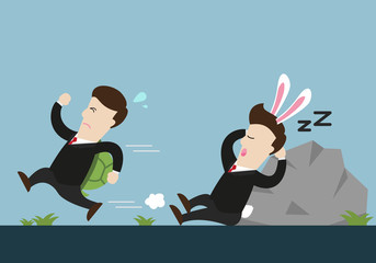 Turtle businessman is running and go to be the first rank. Rabbit one is sleeping and will lose in competition.