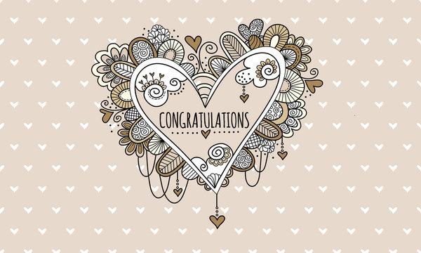 Congratulations Heart Hand Drawn Doodle Vector
Heart doodle illustration with the word congratulations in the centre of a heart and surrounded by hearts, swirls, beads and abstract shapes.