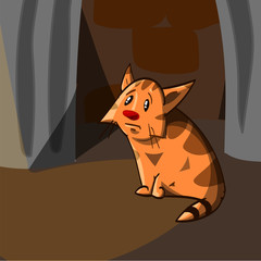 Cartoon illustration of a stray, lost orange kitten, standing on the street, behind the dumpters, looking sad.