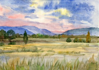 Landscape with a field and mountains. Watercolor painting - 122320325