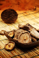 Dried Shiitake Mushroom on mat earth tone background