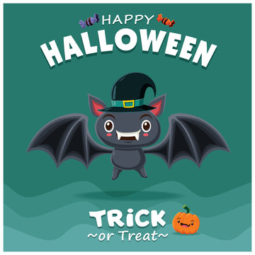 Vintage Halloween poster design with vector bat character.