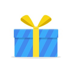 Blue gift or present box with yellow ribbon and bow vector isolated on white background. Icon gift box for Christmas or a birthday party in a flat style.