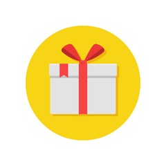 Gift or present box icon with red ribbon and bow vector isolated on white background. Icon gift box for Christmas or a birthday party in a flat style.