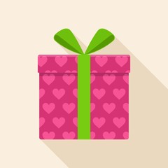 Pink gift or present box icon with green ribbon and bow vector isolated on background. Icon gift box for Christmas or birthday party, valentine day in flat style.