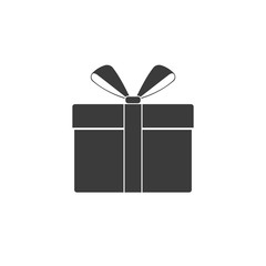 Gift or present box icon with ribbon and bow vector isolated on white background. Black icon gift box for Christmas or a birthday party in a flat style.