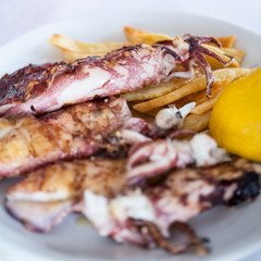 Grilled squid with lemon and fries