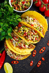 Mexican food - delicious taco shells with ground beef and home made salsa