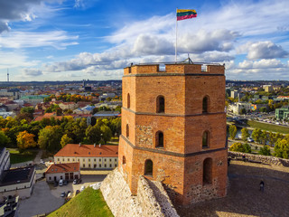 Vilnius, Lithuania: aerial top view of Upper or Gediminas Castle - obrazy, fototapety, plakaty