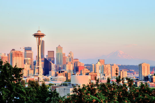 Seattle Cityscape with Mt. Rainier in the Background at Sunset, Washington, USA