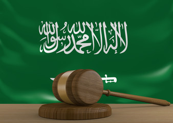 Saudi Arabia law and court justice system with national flag, 3D rendering