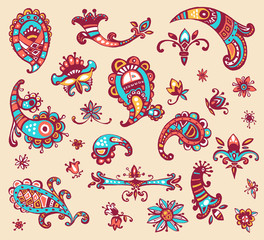 Collection of vector hand drawn colorful decorative elements. Or